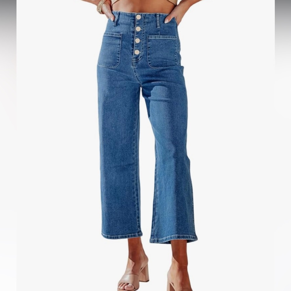 Wide Leg Jeans High Waisted Stretchy Straight Leg Jeans Buttoned w/ pockets